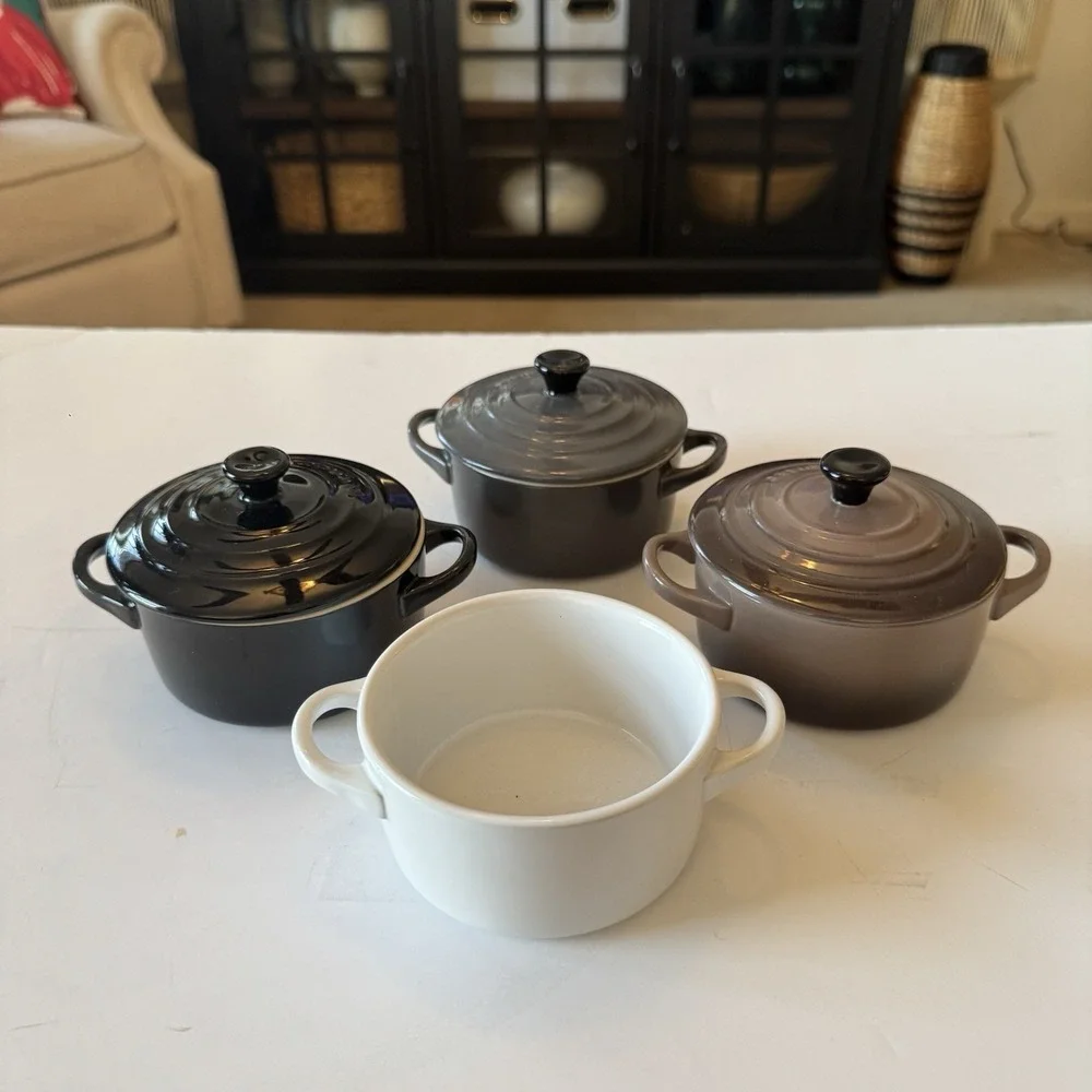 Le Creuset Mini Round Cocotte Set/3 Flint Grey, Fig, Black With Lids Plus Bonus